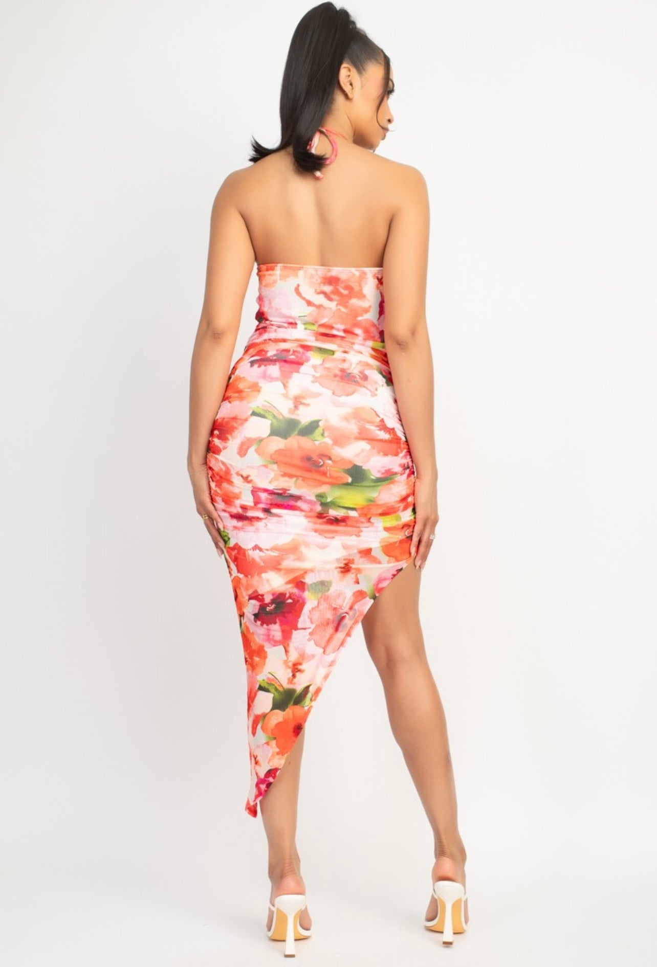 Ruched Halter Floral Dress