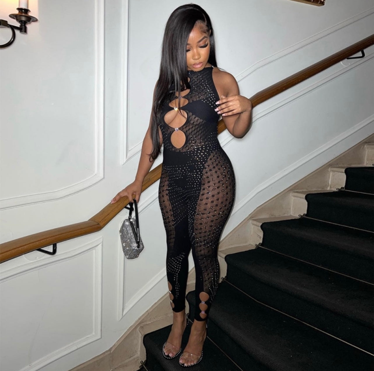 Kerry Rhinestone Mesh Jumpsuit