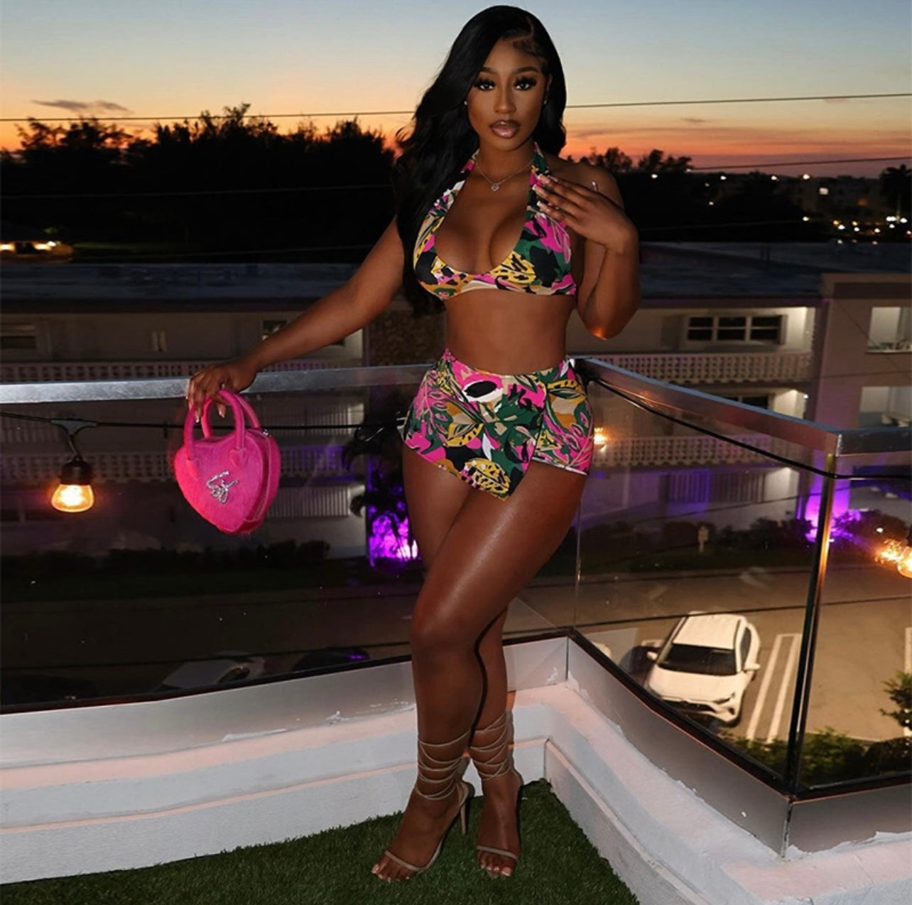 Pink Printed Halter Swimsuit