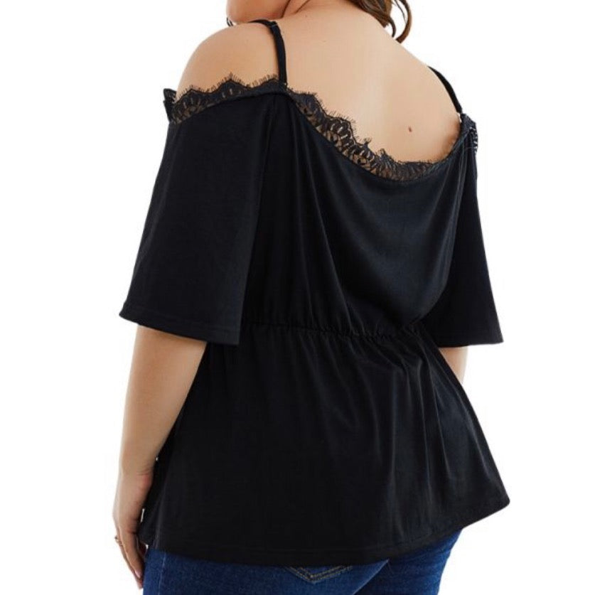 black v neck laced spaghetti strap blouse