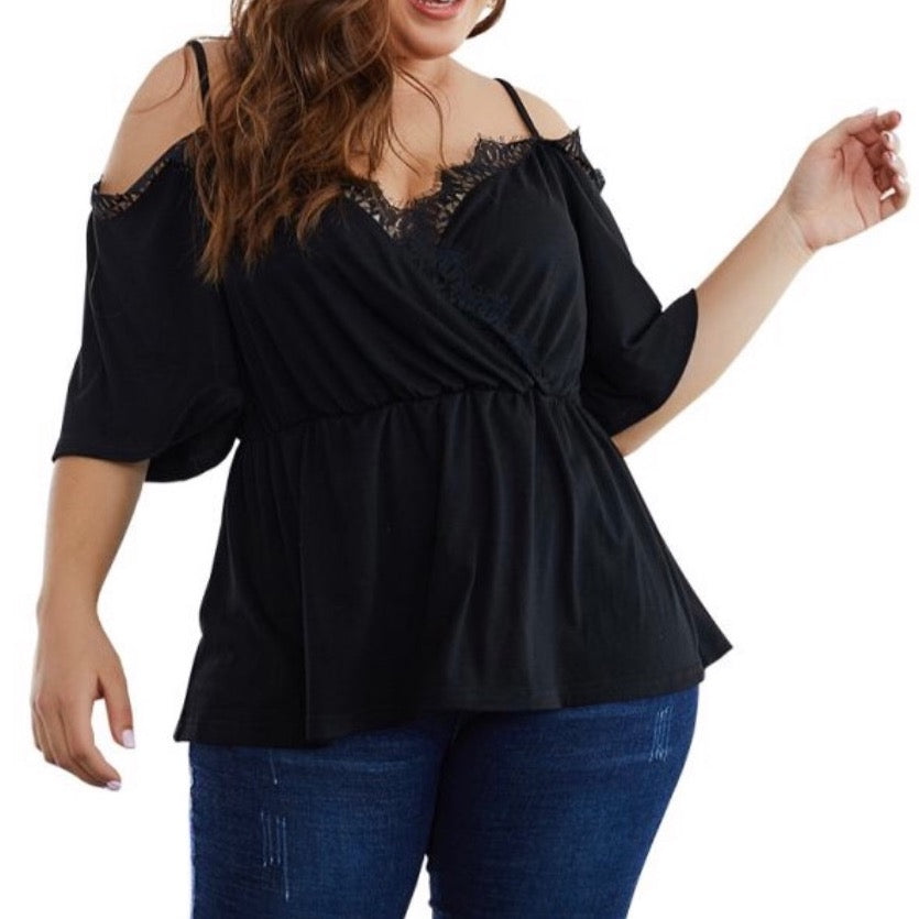 black v neck laced spaghetti strap blouse