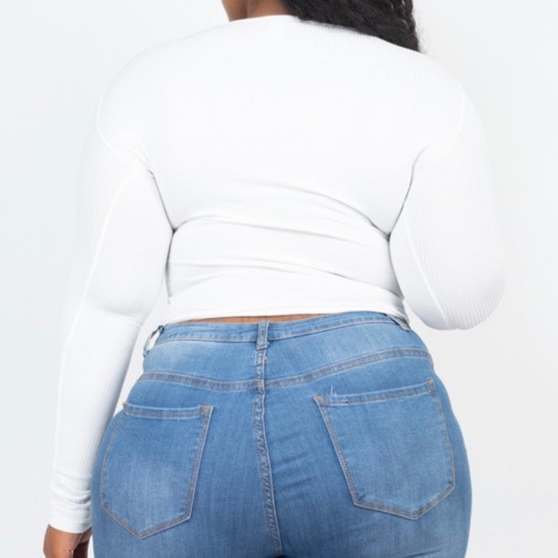 white long sleeve crop top, ruching, v-neck