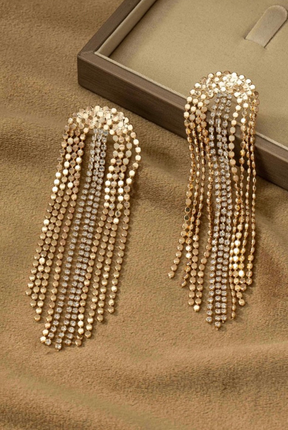 Brass Flat Bead Chain & Rhinestone Drop Earrings