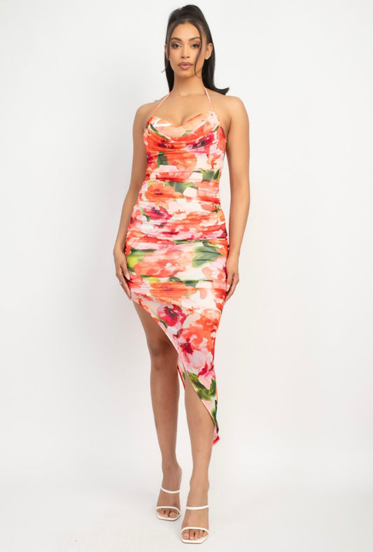 Ruched Halter Floral Dress