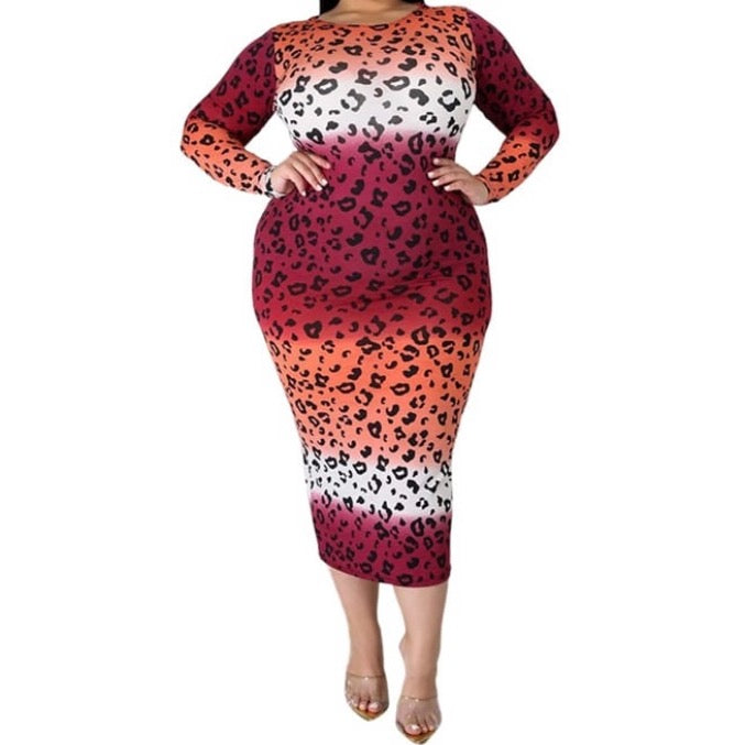 white, orange, and pink leopard print body con dress, midi length, long sleeve, crew neck