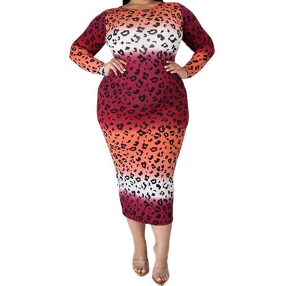 white, orange, and pink leopard print body con dress, midi length, long sleeve, crew neck