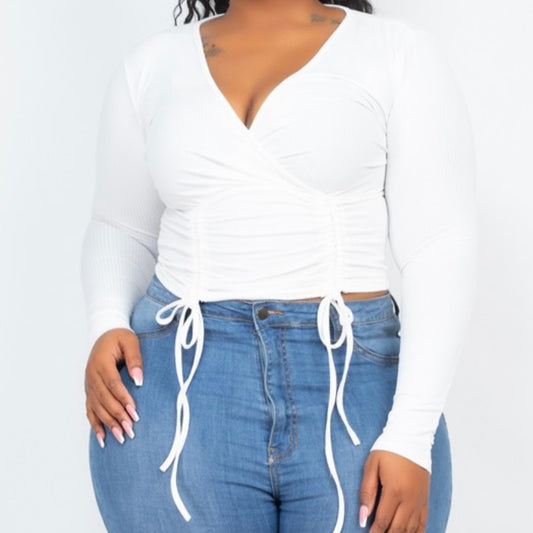 white long sleeve crop top, ruching, v-neck