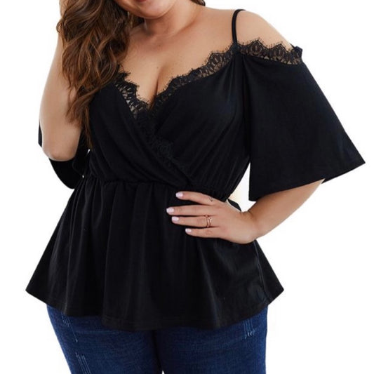 black v neck laced spaghetti strap blouse