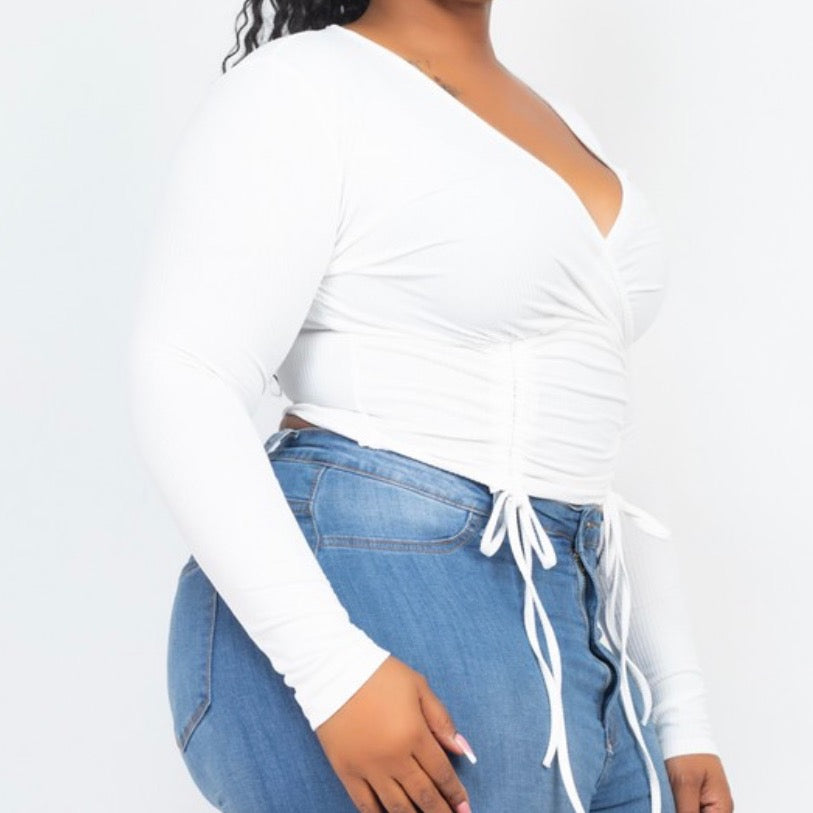 white long sleeve crop top, ruching, v-neck