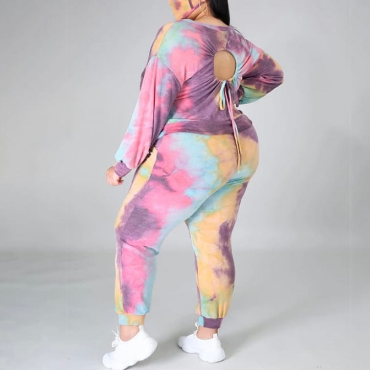 purple, pink, blue, and orange tie dye set, sweat pants, crew neck, long sleeve