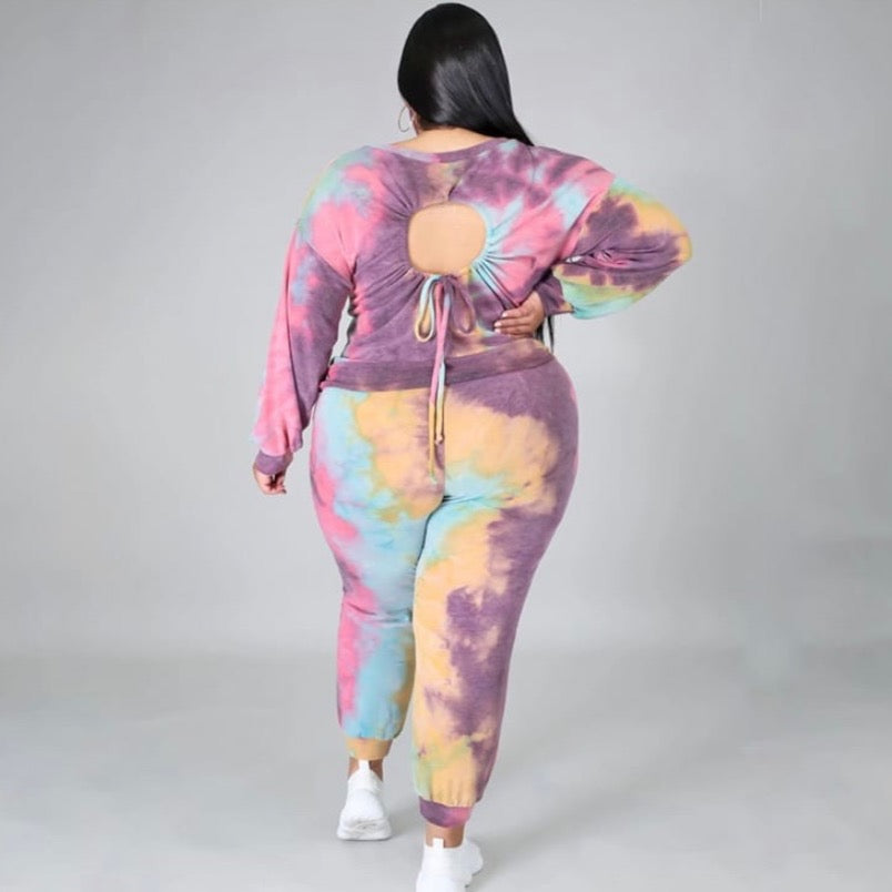 purple, pink, blue, and orange tie dye set, sweat pants, crew neck, long sleeve