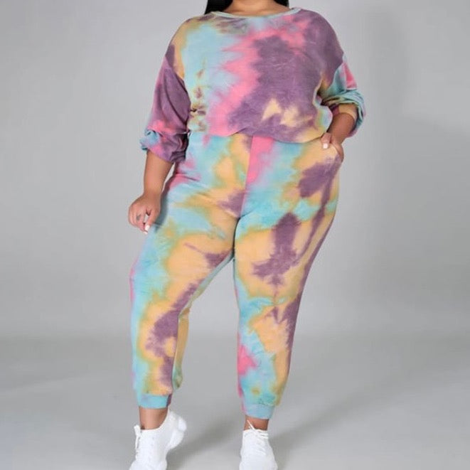 purple, pink, blue, and orange tie dye set, sweat pants, crew neck, long sleeve