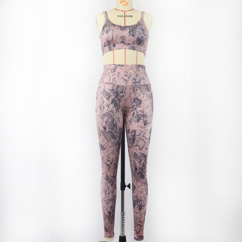 pink graphic print set leggings sports bra