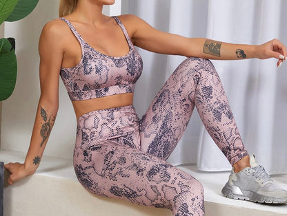 pink graphic print set leggings sports bra