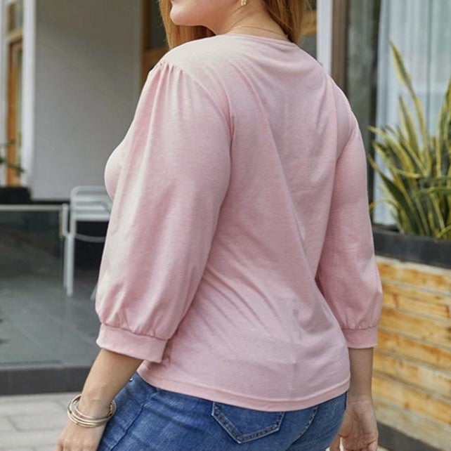 pink drawstring v-neck top, 3/4 sleeves