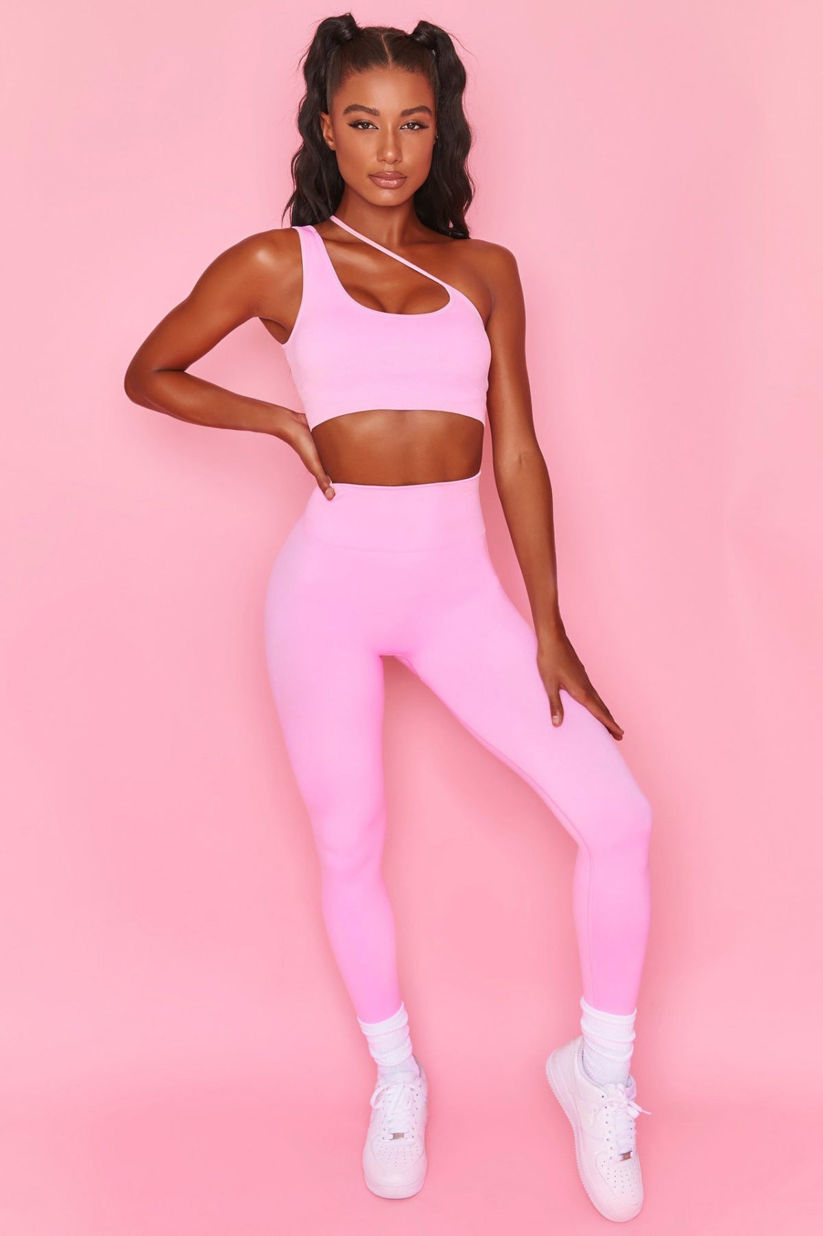 Solid One-Shoulder Crop Top & Leggings Yoga Active Set