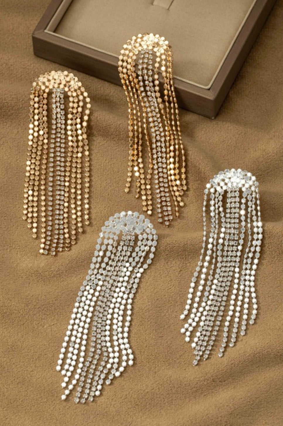 Brass Flat Bead Chain & Rhinestone Drop Earrings